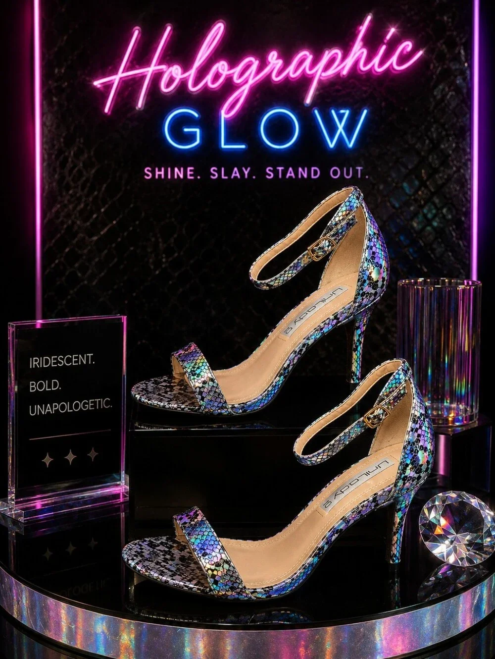 Unilady Holographic Snakeskin High Heel Sandals – Size 10 – New in Box
